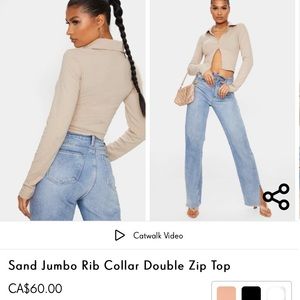 PRETTYLITTLETHING Sand Jumbo Rib Collar Double Zip Top